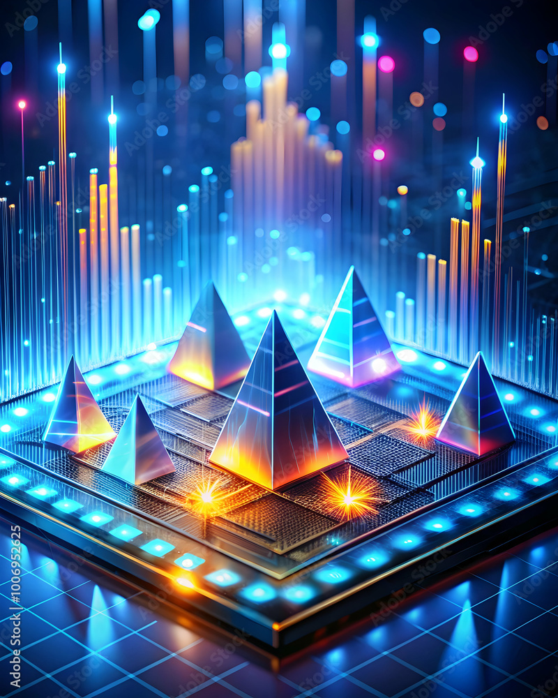 Poster the future of computing: a surreal and futuristic digital art illustration of pyramids rising from a