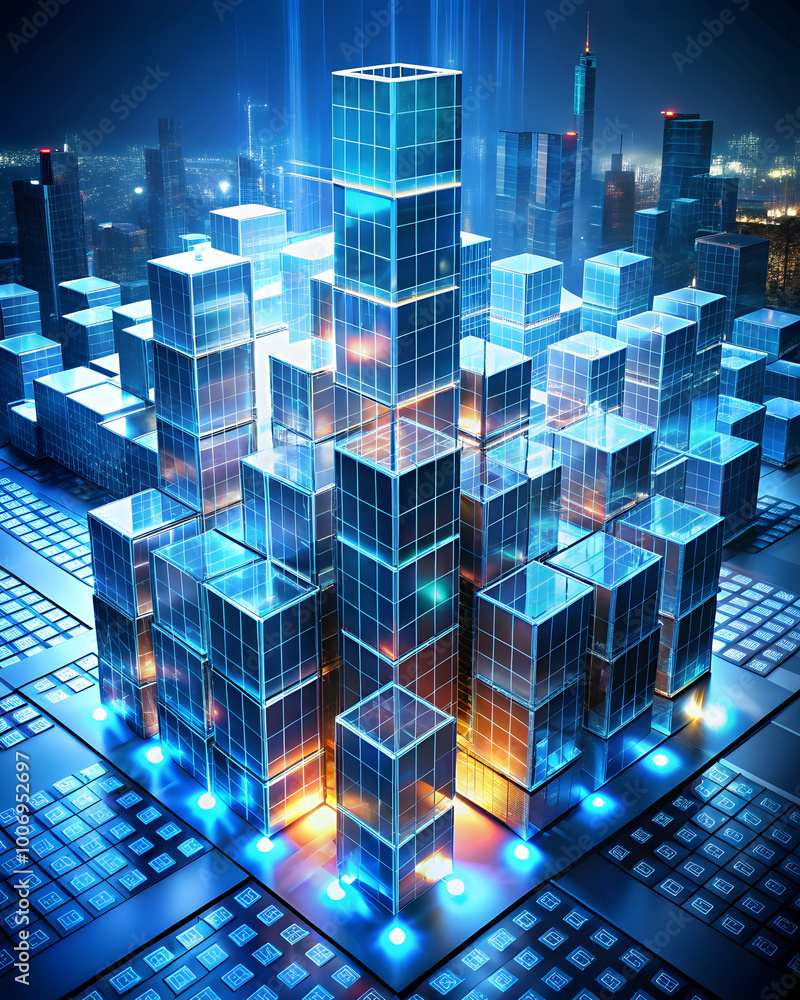 Poster cyber city: a futuristic metropolis emerges from a network of glowing circuits, each building a shim