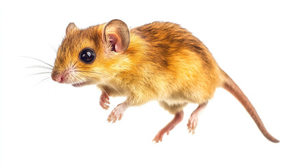 A small, agile mouse leaps through the air in a bright, well-lit setting