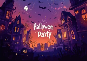 a Halloween party, with a purple and orange gradient background featuring cartoon Halloween icons like pumpkins, spider webs, ghostly buildings, and the text "Halloween Party" Generative AI