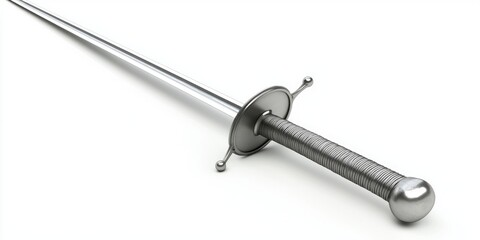 epee sword is elegantly laid flat against a pristine white backdrop highlighting its sleek guard and blade. Soft shadows enhance this minimalist sports equipment composition.