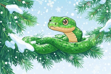 Fototapeta premium A green wooden snake is coiled around a Christmas tree branch amidst sparkling snowflakes and white snow