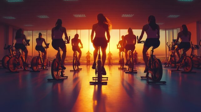 Fitness, sport, training and lifestyle concept - group of people exercising on stationary bike in gym at sunset