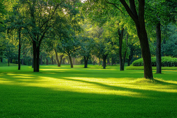 Obraz premium Serene morning light filters through lush green trees in a peaceful park setting