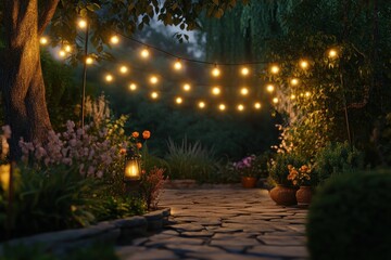 Enchanting Garden Scene with Glowing String Lights
