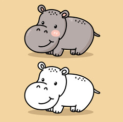 set of cute hippopotamus cartoon drawing and color book vector