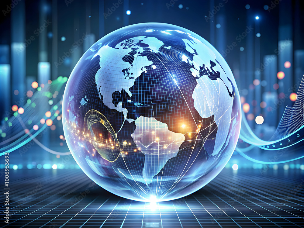 Poster global network: a futuristic globe, glowing with data and energy, represents global interconnectedne
