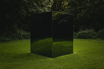 Fototapeta premium A surreal mirrored block blending into the natural scenery, with trees and foliage perfectly reflected