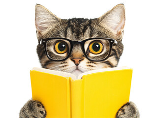 a cat wearing glasses and reading a book © Matej