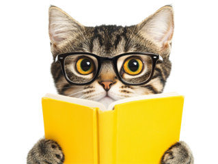 a cat wearing glasses and reading a book