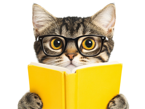 a cat wearing glasses and reading a book