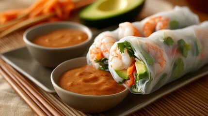 Fresh Vietnamese rice paper rolls are filled with vibrant vegetables, shrimp, and avocado slices, presented elegantly on a bamboo mat with dipping sauces