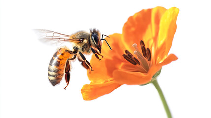 Fototapeta premium A honeybee pollinates a vibrant orange flower against a bright white background