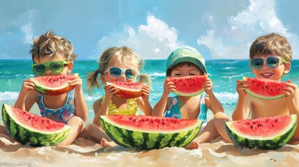 Happy children eat watermelon on beach, kids in sunglasses eating water melon fruit, family travel