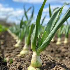 Obraz premium close up of leeks growing on farm, showcasing their vibrant green leaves and sturdy bulbs in rich soil. scene conveys sense of freshness and agricultural abundance