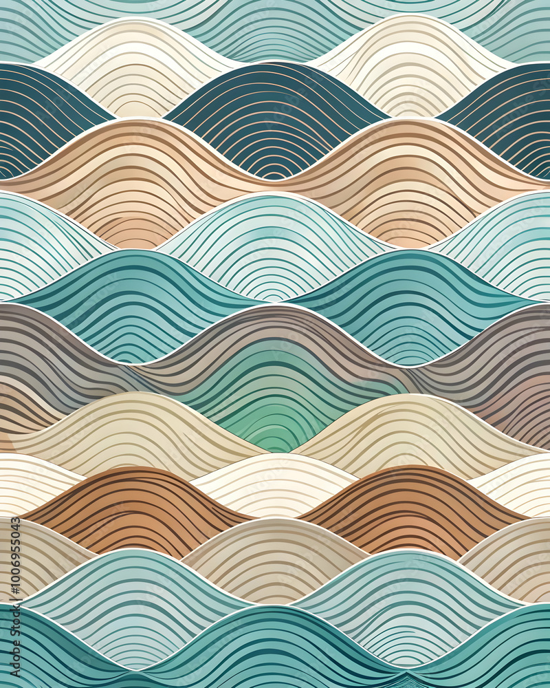 Poster serene waves abstract art: a mesmerizing pattern of teal, beige, and brown waves creates a calming a