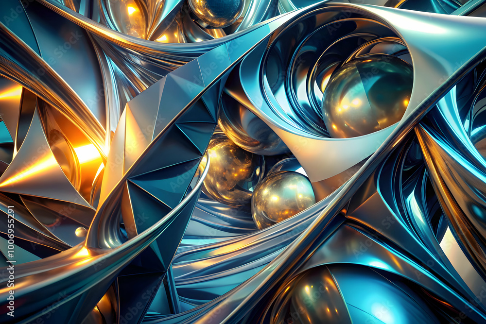 Poster metallic abstract: a mesmerizing interplay of light and form, with glistening metallic surfaces crea
