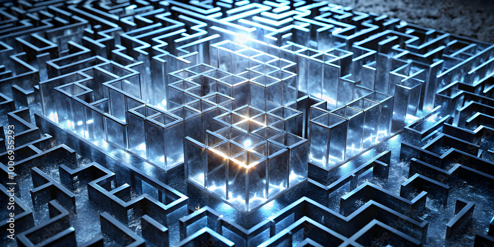 Poster Navigating the Labyrinth: A mesmerizing 3D rendering of a complex maze with a glowing light illuminating the path forward, symbolizing the challenges and opportunities of finding solutions. 