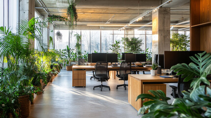 Fototapeta premium Sustainable office design featuring renewable materials, upcycled decor, and a minimalist aesthetic that emphasizes environmental responsibility