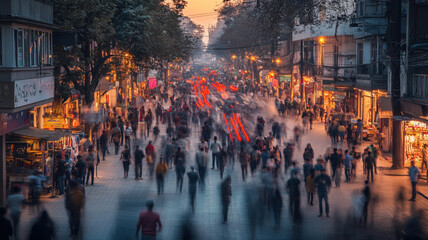 Obraz premium Busy urban street at sunset with motion blur of pedestrians, highlighting the vibrant city life, bustling crowds, and glowing streetlights in a dynamic metropolitan setting.