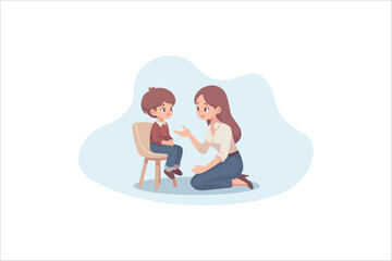 Woman psychiatrist talking to child patient. Psychological help. Children counseling. vector illustration.