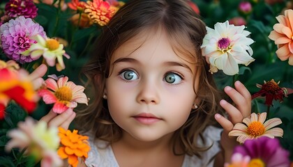 Little Girl Exploring a Flower Garden, Amazed by the Beauty and Wonder of Nature