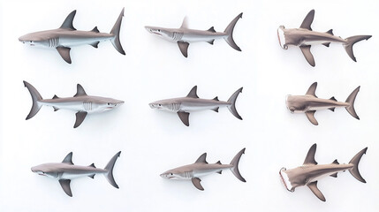 Detailed display of various shark models arranged on a white background for educational purposes