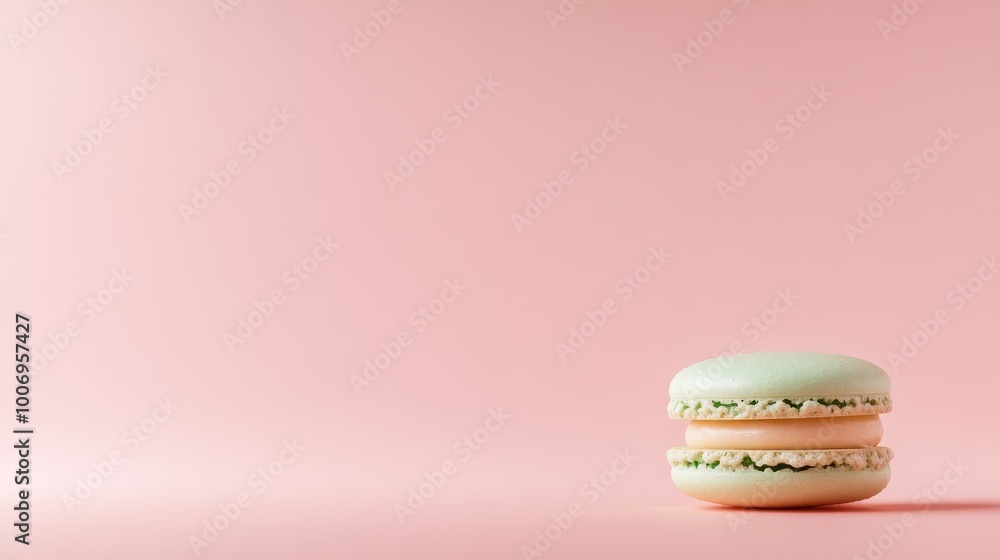 Poster a single mint green macaron sits on a soft pastel pink background, casting subtle shadows that enhan