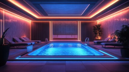 Fototapeta premium Interior of wellness center. Modern and luxury spa salon. Atmospheric lights in a room with lounges, hot tub and swimming pool