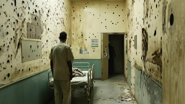 The Unheard Screams of the Innocent: A crumbling hospital, its walls pockmarked with bullet holes, as medical staff frantically tend to the wounded.