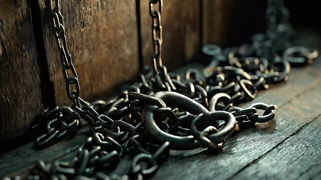 The Shackles of Oppression: Chains and padlocks scattered around a prison cell, serving as a cruel reminder of those who are held captive
