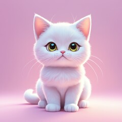 Fototapeta premium A cute, fluffy white kitten with large eyes sitting against a soft pink background.