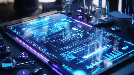 Digital surgical table with built-in holographic patient data and 3D visualization, surrounded by floating medical tools