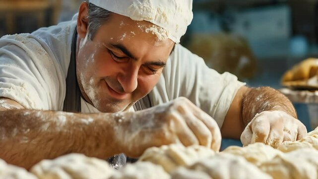 The Baker's Touch: A baker meticulously shapes dough, their deft movements and satisfied expression on full display