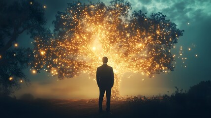 Fototapeta premium Businessman Gathers Inspiration from Glowing Idea Tree