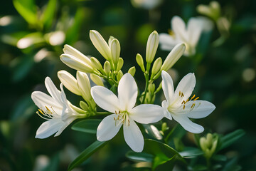 Obraz premium Close up of white flowers and buds blooming of green foliage
