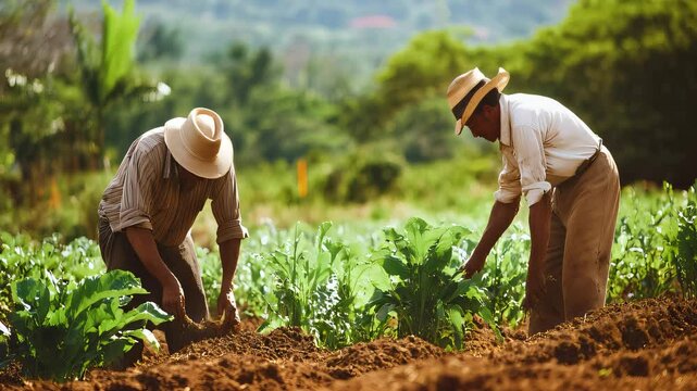 The Farmers: A couple tending to their crops in a rural setting, using traditional farming methods