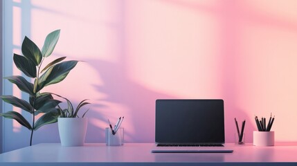 Fototapeta premium Minimalist Home Office Setup with Plants and Laptop