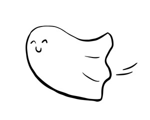 Flying ghost cute character doodle drawing, sketch style, black line on a white background