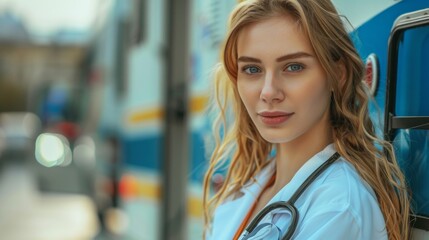 Fototapeta premium A woman in a white coat stands in front of a blue truck