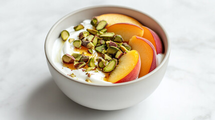 Delicious yogurt bowl topped with fresh peaches and pistachios for a healthy breakfast