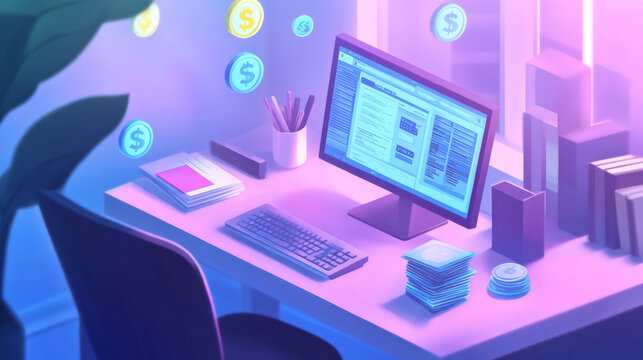 Holographic budget planner hovering above a minimalistic desk, surrounded by floating digital currency icons