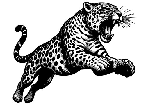 fierce leaping leopard with an open mouth, drawn in a detailed engraving style sketch engraving generative ai PNG illustration. Scratch board imitation. Black and white image.