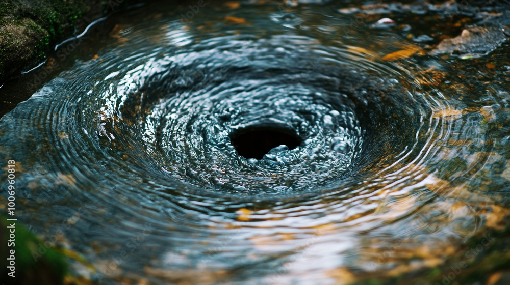 Poster a tranquil whirlpool in a forest stream surrounded by autumn leaves creating rippling patterns
