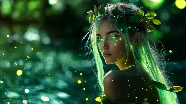 A forest nymph woman gazes from tranquil water, adorned with glowing leaves and a shimmering ambiance