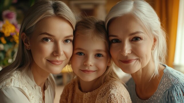 Portrait of three generations of women look at camera posing for family picture, cute little girl hug mom and granny enjoy time at home, smiling mother, daughter and grandmother spend, Generative AI