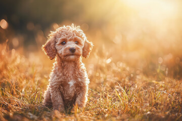 cute brown puppy sitting in the grass on a sunny day, with its fluffy fur and vibrant eyes 