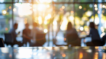blurred image of a business meeting, showcasing a group of diverse individuals sitting around a table, engaged in a presentation