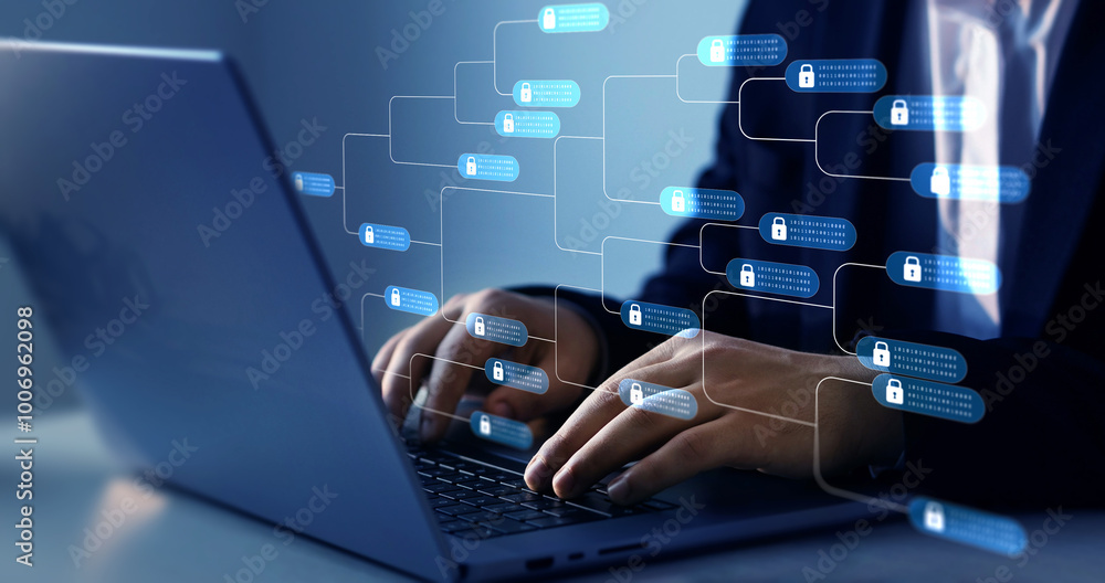 Poster blockchain financial with chain of encrypted blocks to secure datum, cryptocurrency and bitcoin for 