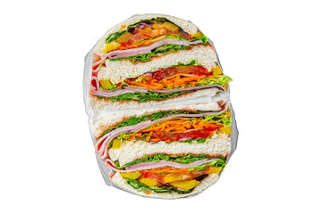 sandwich ham vegetable and meat spam fresh meal food snack on the table copy space food background...